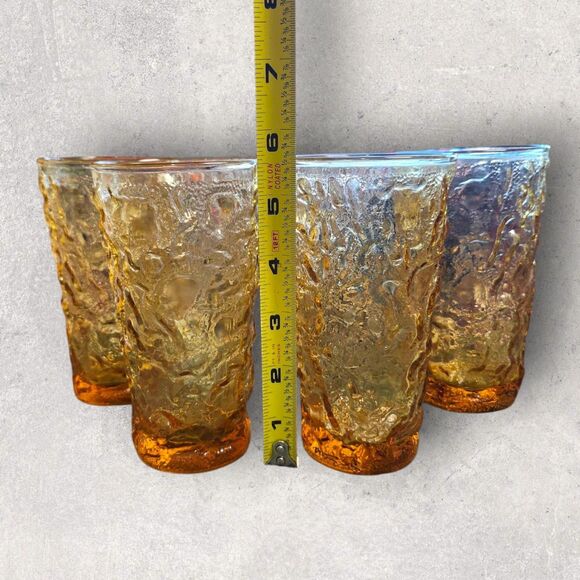 Vintage Anchor Hocking Lido Milano Amber Crinkle Pitcher 4 Tumblers Mid-Century - Picture 7 of 16